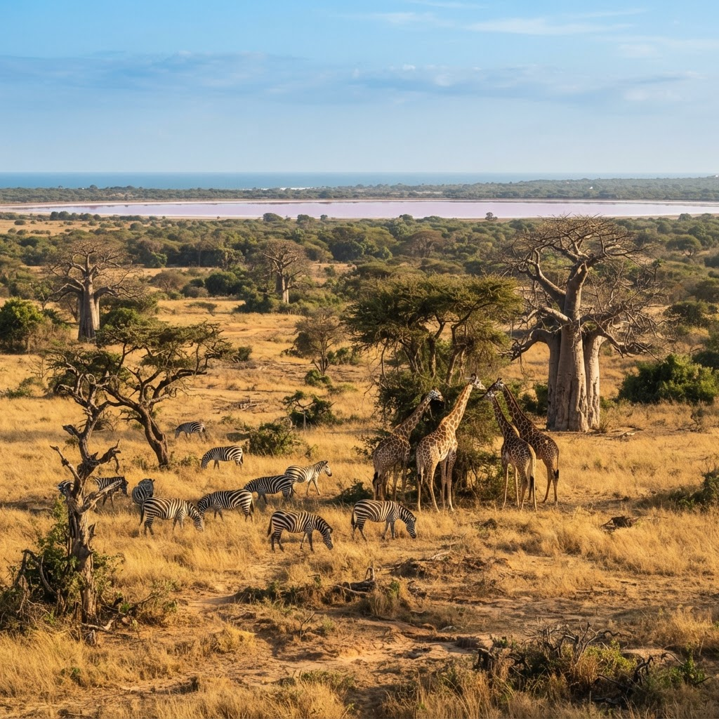Girafes et zèbres dans la réserve de Bandia près du Lac Rose